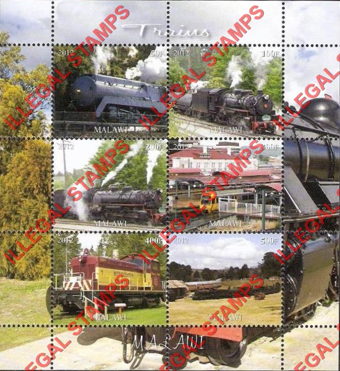 Malawi 2012 Trains Illegal Stamp Souvenir Sheets of 6 (Part 3) Malawi 2012 Trains Illegal Stamp Souvenir Sheets of 6 (Part 3)