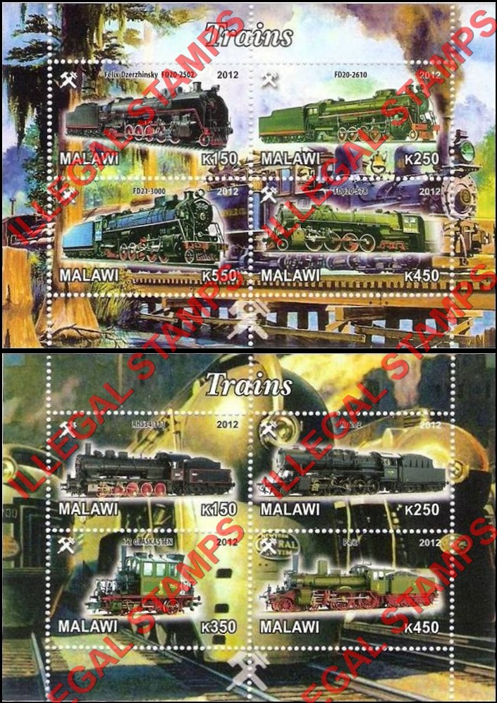 Malawi 2012 Trains Illegal Stamp Souvenir Sheets of 4 (Part 1) Malawi 2012 Trains Illegal Stamp Souvenir Sheets of 4 (Part 1)