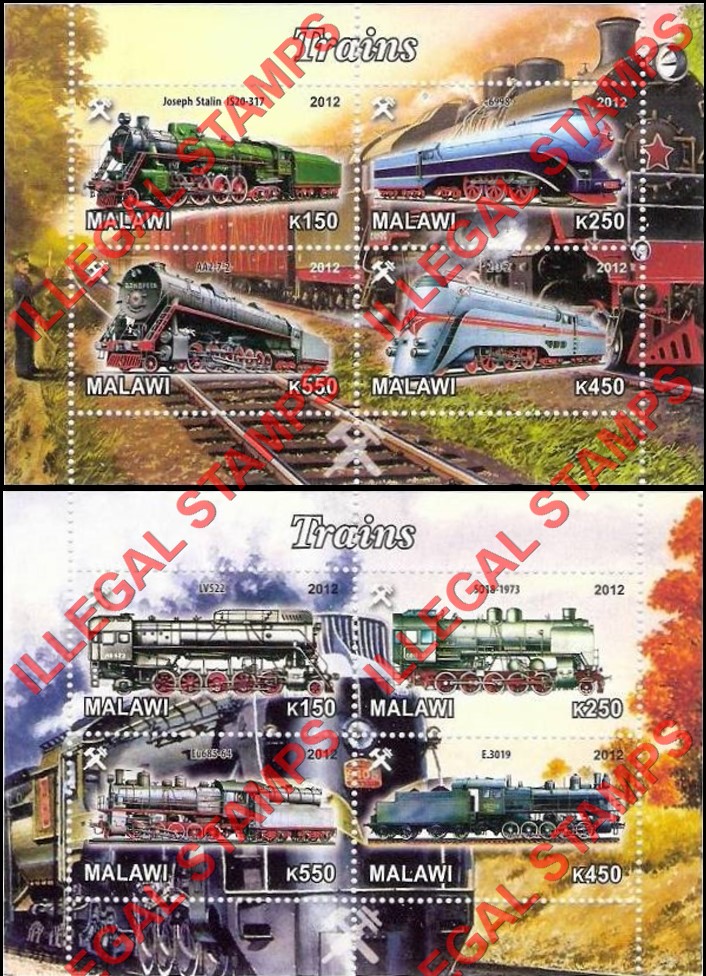 Malawi 2012 Trains Illegal Stamp Souvenir Sheets of 4 (Part 2) Malawi 2012 Trains Illegal Stamp Souvenir Sheets of 4 (Part 2)