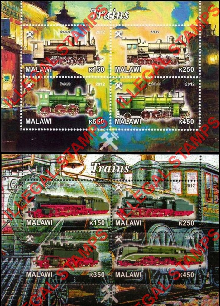 Malawi 2012 Trains Illegal Stamp Souvenir Sheets of 4 (Part 3) Malawi 2012 Trains Illegal Stamp Souvenir Sheets of 4 (Part 3)