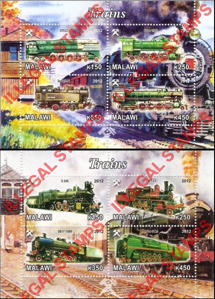 Malawi 2012 Trains Illegal Stamp Souvenir Sheets of 4 (Part 4) Malawi 2012 Trains Illegal Stamp Souvenir Sheets of 4 (Part 4)