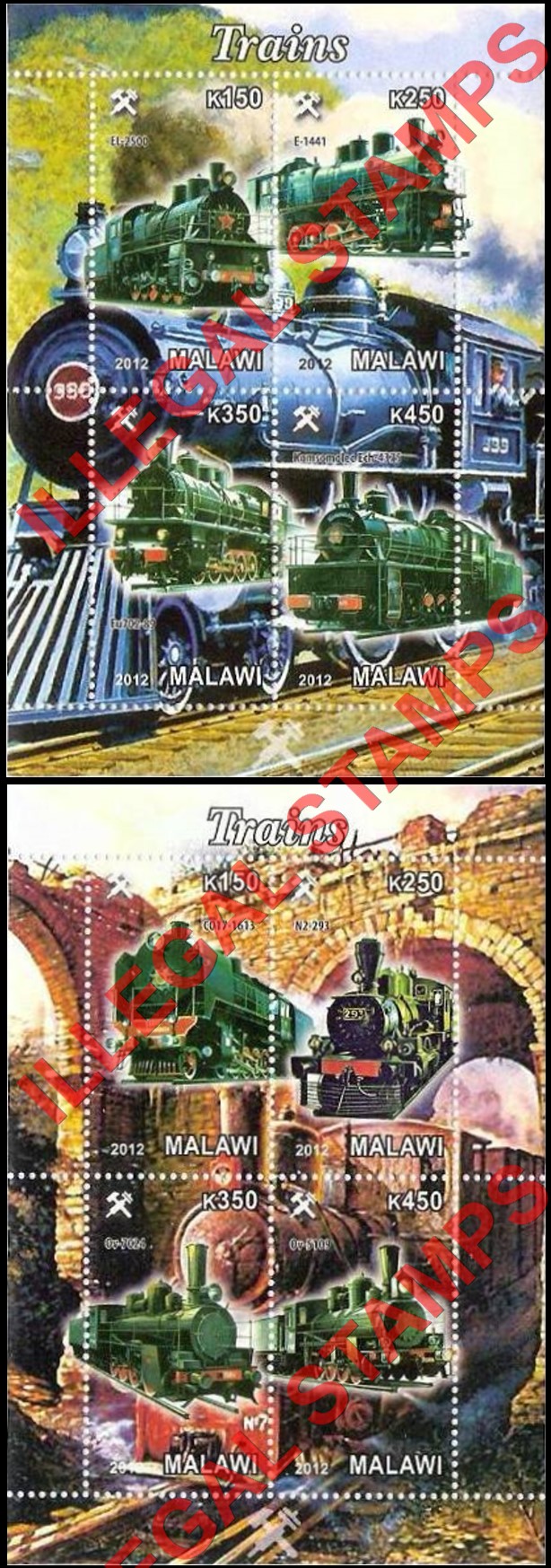 Malawi 2012 Trains Illegal Stamp Souvenir Sheets of 4 (Part 5) Malawi 2012 Trains Illegal Stamp Souvenir Sheets of 4 (Part 5)