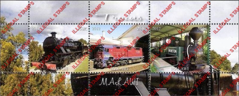 Malawi 2012 Trains Illegal Stamp Souvenir Sheet of 3 Malawi 2012 Trains Illegal Stamp Souvenir Sheet of 3