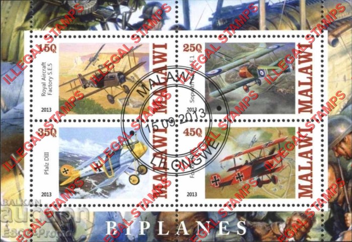Malawi 2013 Airplanes Biplanes Illegal Stamp Souvenir Sheet of 4 Malawi 2013 Airplanes Biplanes Illegal Stamp Souvenir Sheet of 4