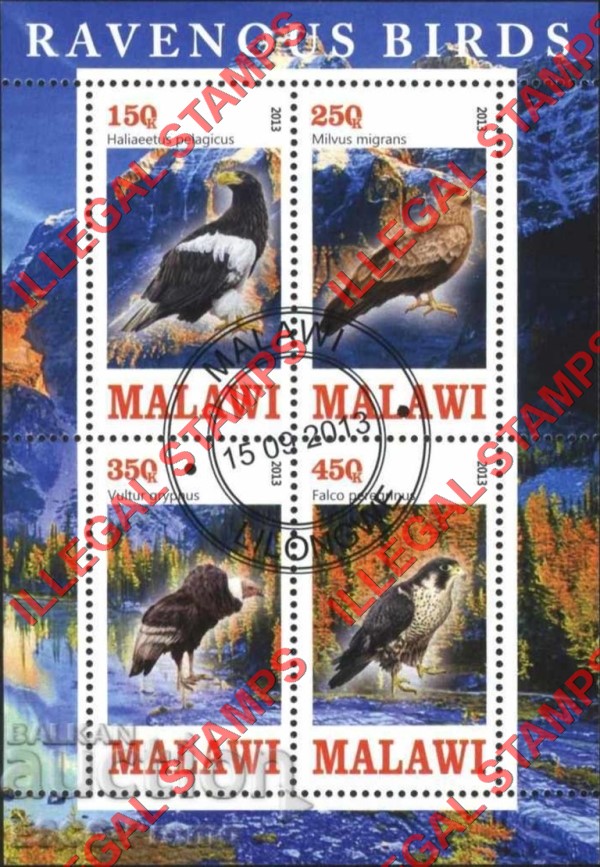 Malawi 2013 Ravenous Birds Illegal Stamp Souvenir Sheet of 4 Malawi 2013 Ravenous Birds Illegal Stamp Souvenir Sheet of 4