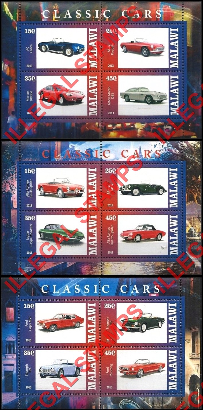 Malawi 2013 Cars Illegal Stamp Souvenir Sheets of 4 Malawi 2013 Cars Illegal Stamp Souvenir Sheets of 4