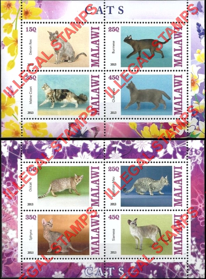 Malawi 2013 Cats Illegal Stamp Souvenir Sheets of 4 Malawi 2013 Cats Illegal Stamp Souvenir Sheets of 4