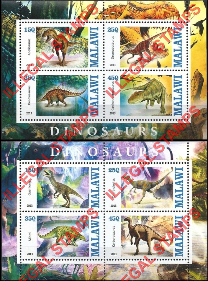Malawi 2013 Dinosaurs Illegal Stamp Souvenir Sheets of 4 Malawi 2013 Dinosaurs Illegal Stamp Souvenir Sheets of 4