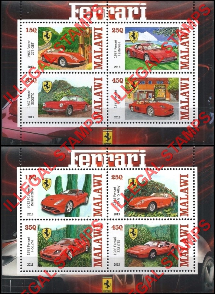 Malawi 2013 Ferrari Illegal Stamp Souvenir Sheets of 4 Malawi 2013 Ferrari Illegal Stamp Souvenir Sheets of 4