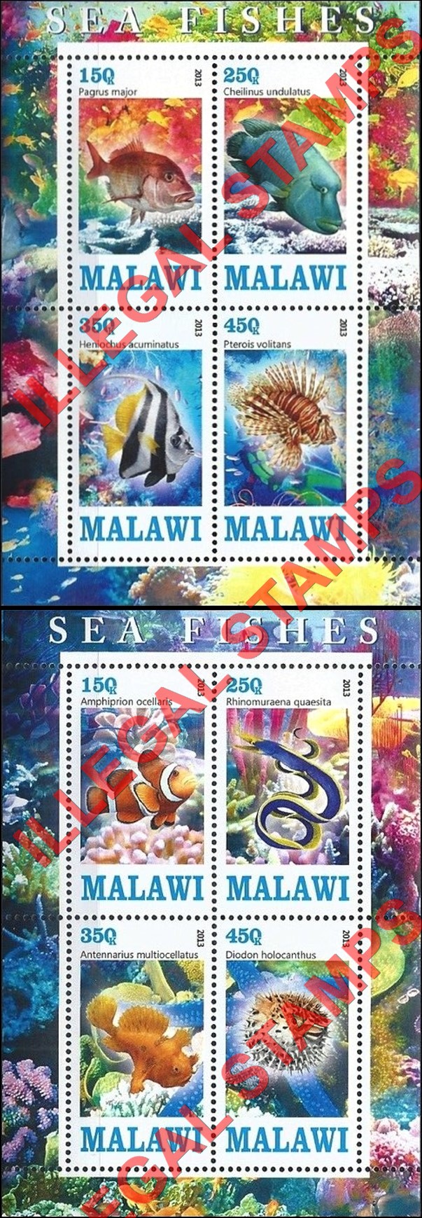 Malawi 2013 Fish Illegal Stamp Souvenir Sheets of 4 Malawi 2013 Fish Illegal Stamp Souvenir Sheets of 4