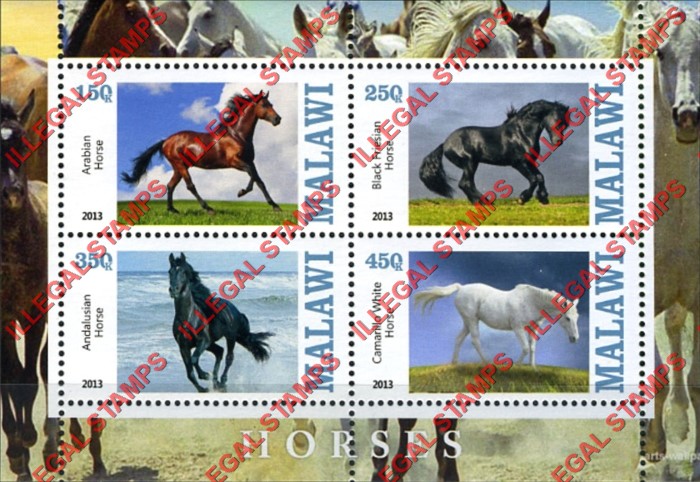 Malawi 2013 Horses Illegal Stamp Souvenir Sheet of 4 Malawi 2013 Horses Illegal Stamp Souvenir Sheet of 4