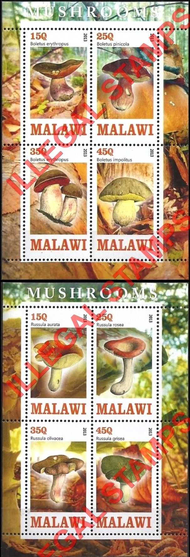 Malawi 2013 Mushrooms Illegal Stamp Souvenir Sheets of 4 (Part 1) Malawi 2013 Mushrooms Illegal Stamp Souvenir Sheets of 4 (Part 1)