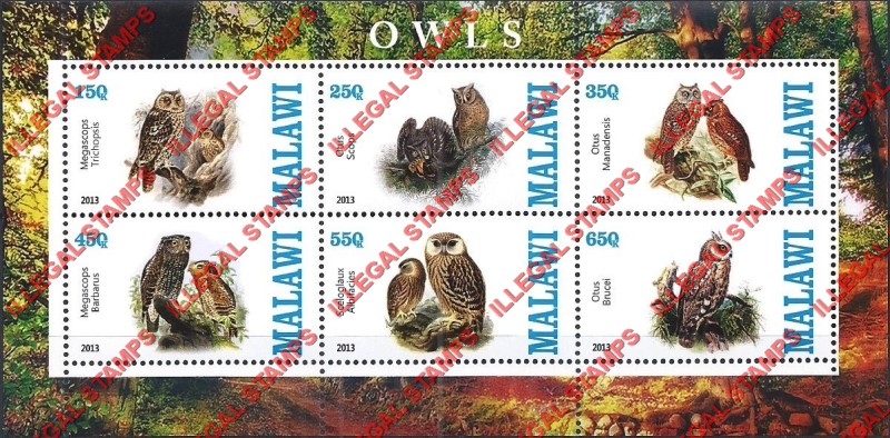 Malawi 2013 Owls Illegal Stamp Souvenir Sheet of 6 Malawi 2013 Owls Illegal Stamp Souvenir Sheet of 6