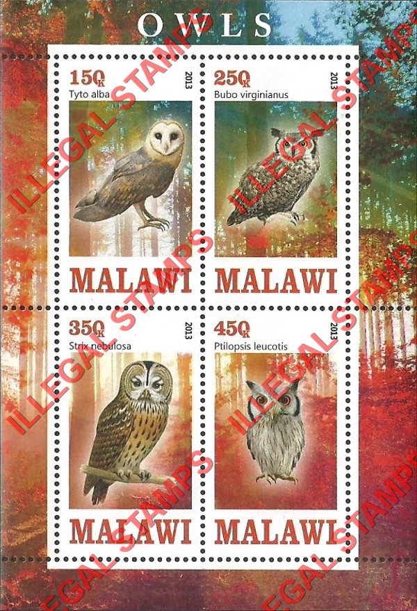 Malawi 2013 Owls Illegal Stamp Souvenir Sheet of 4 Malawi 2013 Owls Illegal Stamp Souvenir Sheet of 4