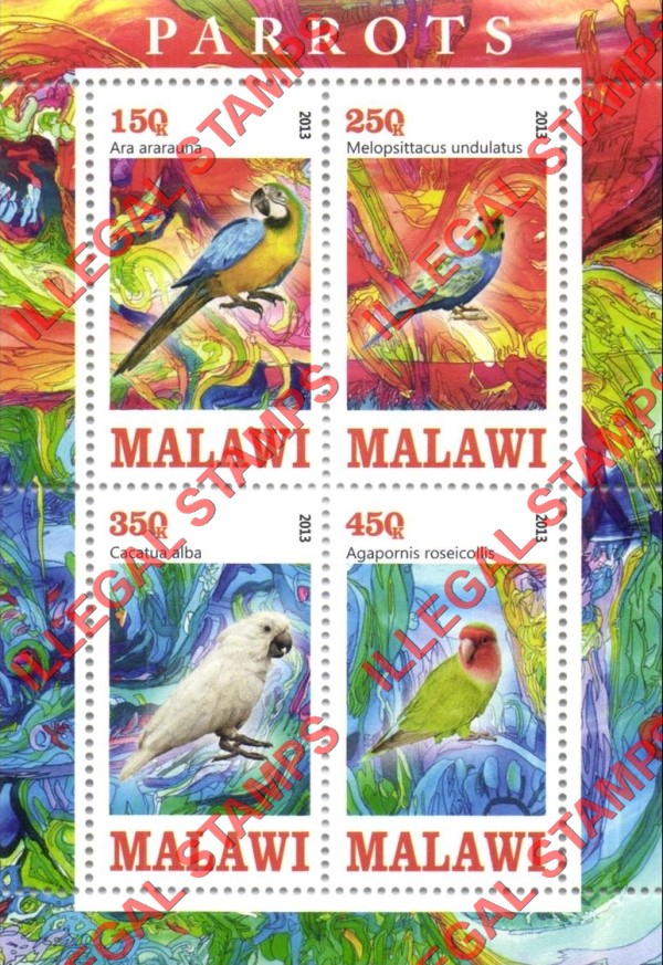 Malawi 2013 Parrots Illegal Stamp Souvenir Sheet of 4 Malawi 2013 Parrots Illegal Stamp Souvenir Sheet of 4