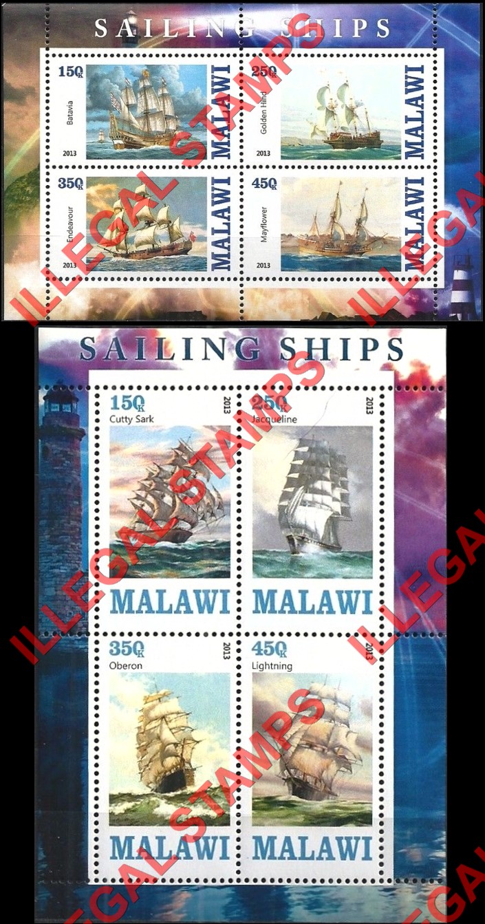 Malawi 2013 Sailing Ships Illegal Stamp Souvenir Sheets of 4 Malawi 2013 Sailing Ships Illegal Stamp Souvenir Sheets of 4