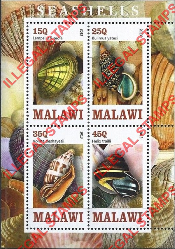 Malawi 2013 Sea Shells Illegal Stamp Souvenir Sheet of 4 Malawi 2013 Sea Shells Illegal Stamp Souvenir Sheet of 4