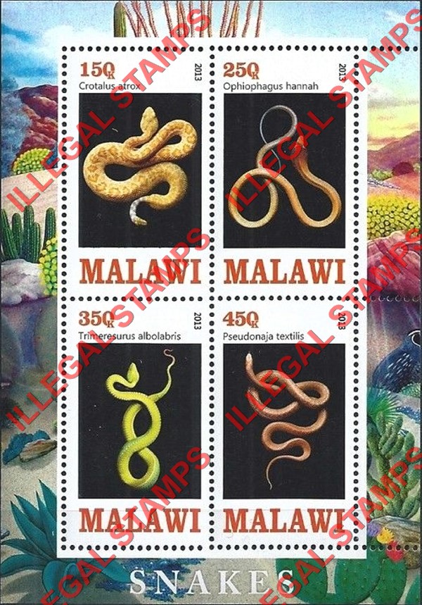 Malawi 2013 Snakes Illegal Stamp Souvenir Sheet of 4 Malawi 2013 Snakes Illegal Stamp Souvenir Sheet of 4