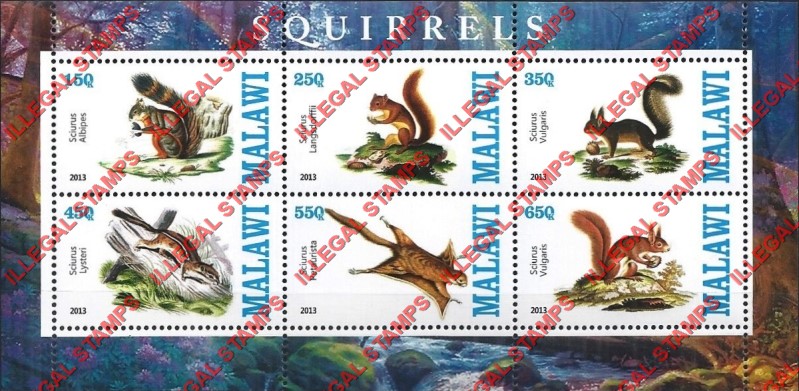 Malawi 2013 Squirrels Illegal Stamp Souvenir Sheet of 6 Malawi 2013 Squirrels Illegal Stamp Souvenir Sheet of 6