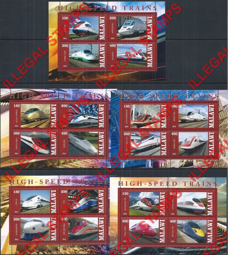 Malawi 2013 High Speed Trains Illegal Stamp Souvenir Sheets of 4 Malawi 2013 High Speed Trains Illegal Stamp Souvenir Sheets of 4