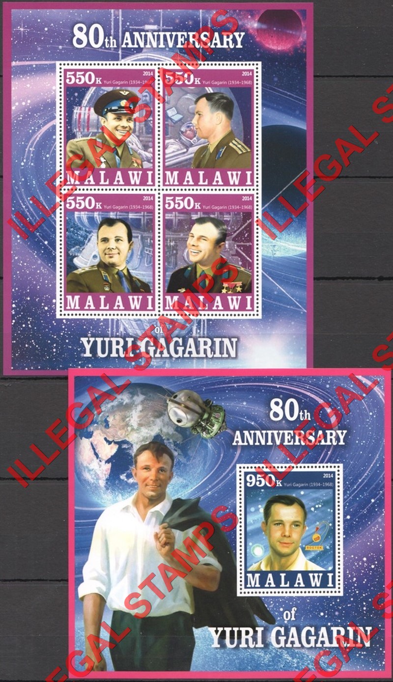 Malawi 2014 Space Yuri Gagarin Illegal Stamp Souvenir Sheets of 4 and 1 Malawi 2014 Space Yuri Gagarin Illegal Stamp Souvenir Sheets of 4 and 1