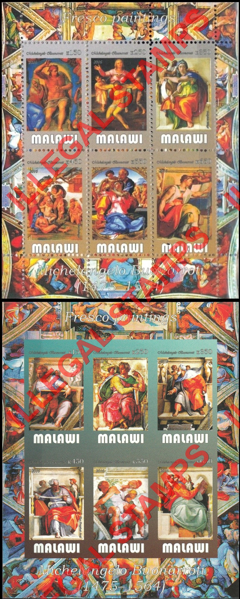 Malawi 2016 Fresco Paintings Illegal Stamp Souvenir Sheets of 6 Malawi 2016 Fresco Paintings Illegal Stamp Souvenir Sheets of 6