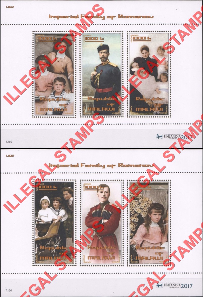 Malawi 2017 Imperial Family of Romanov Illegal Stamp Souvenir Sheets of 3 Malawi 2017 Imperial Family of Romanov Illegal Stamp Souvenir Sheets of 3