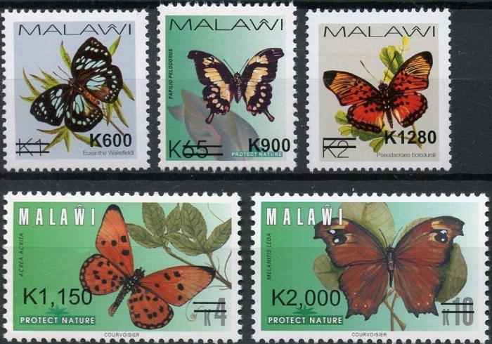 Malawi 2018 Surcharged (2002) Butterflies Scott 846-850 Malawi 2018 Surcharged (2002) Butterflies Scott 846-850