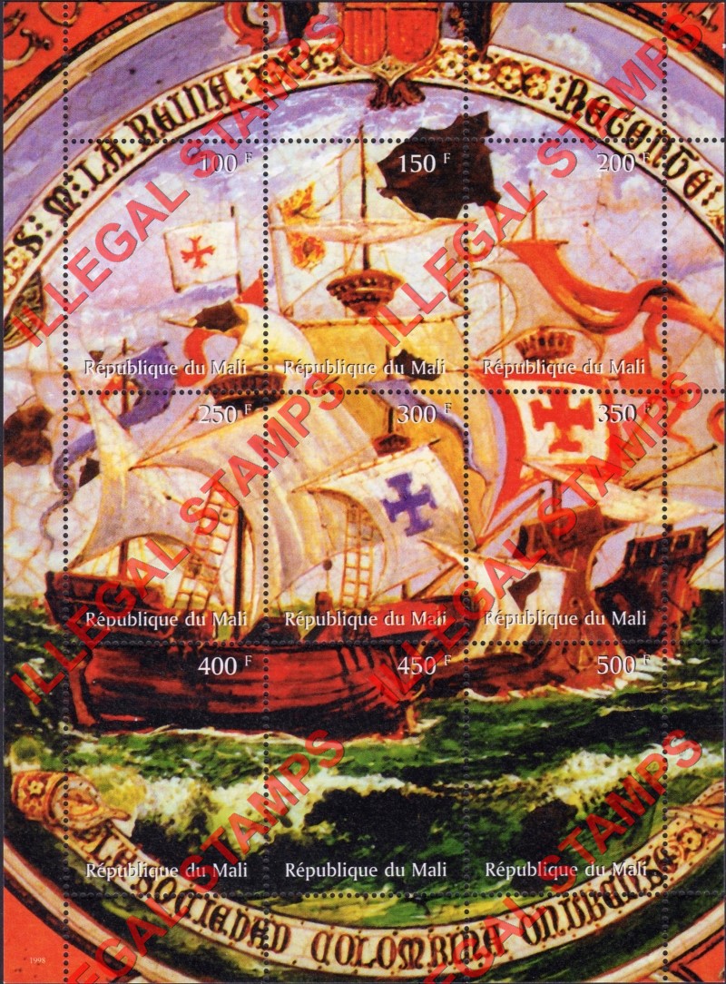 Mali 1998 Christopher Columbus Illegal Stamp Sheet of 9