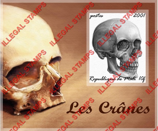 Mali 2001 Skulls Illegal Stamp Souvenir Sheet of 1 with Fake Date Added