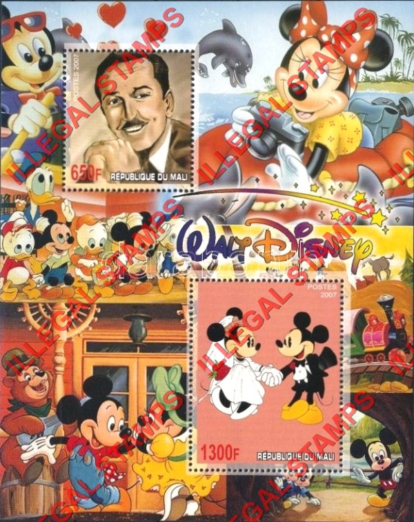 Mali 2007 Walt Disney and Mickey Mouse Illegal Stamp Souvenir Sheet of 2 Mali 2007 Walt Disney and Mickey Mouse Illegal Stamp Souvenir Sheet of 2