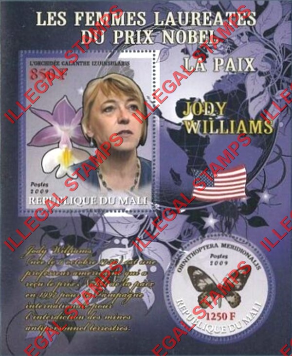 Mali 2009 Female Nobel Prize Winner for Peace Jody Williams and Butterfly Illegal Stamp Souvenir Sheet of 2 Mali 2009 Female Nobel Prize Winner for Peace Jody Williams and Butterfly Illegal Stamp Souvenir Sheet of 2