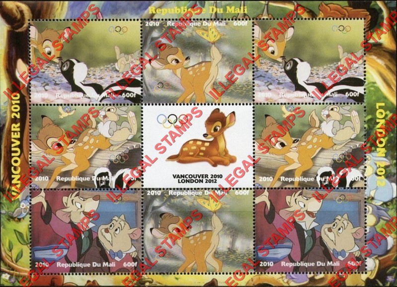 Mali 2010 Disney Bambi Illegal Stamp Sheet of 8 Plus Label Mali 2010 Disney Bambi Illegal Stamp Sheet of 8 Plus Label