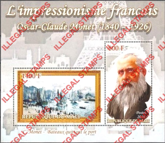 Mali 2010 French Painters Oscar Monet Illegal Stamp Souvenir Sheet of 2 Mali 2010 French Painters Oscar Monet Illegal Stamp Souvenir Sheet of 2