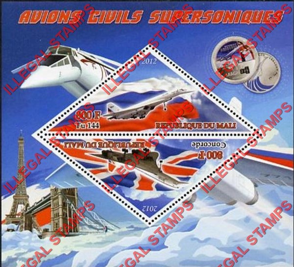 Mali 2012 Concorde Illegal Stamp Souvenir Sheet of 2 Mali 2012 Concorde Illegal Stamp Souvenir Sheet of 2