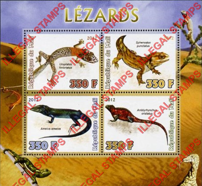 Mali 2012 Lizards Illegal Stamp Souvenir Sheet of 4 Mali 2012 Lizards Illegal Stamp Souvenir Sheet of 4