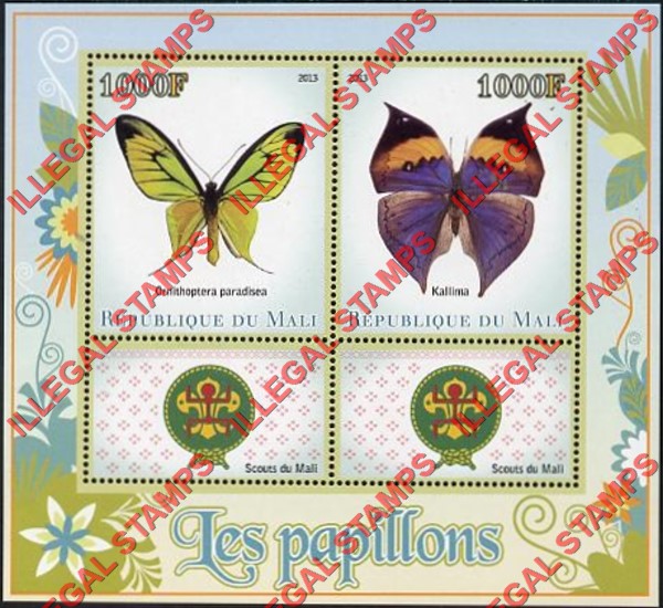 Mali 2013 Butterflies and Scouts Illegal Stamp Souvenir Sheet of 2 Mali 2013 Butterflies and Scouts Illegal Stamp Souvenir Sheet of 2