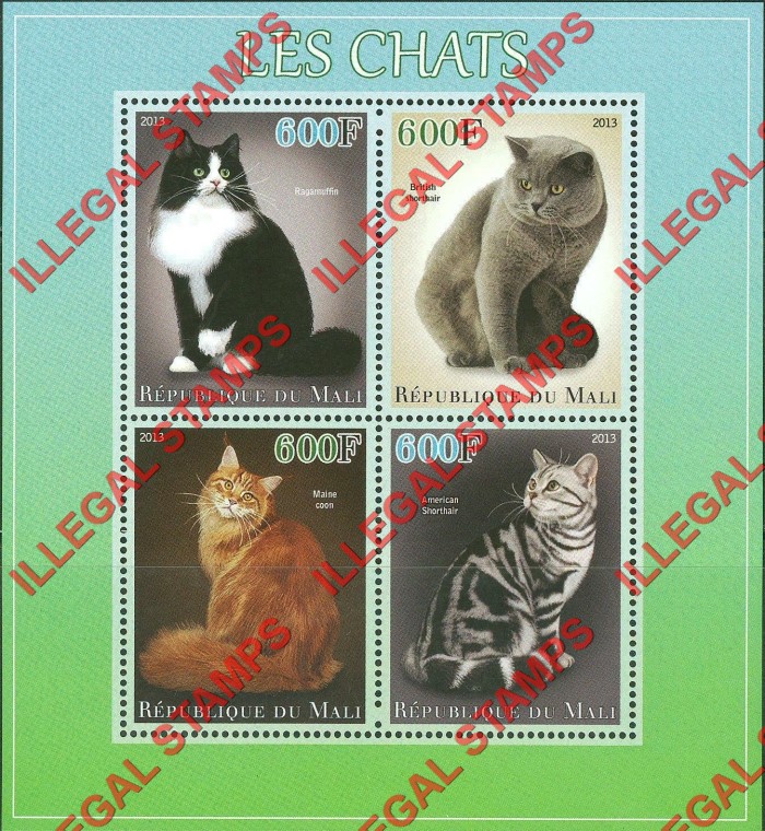Mali 2013 Cats Illegal Stamp Souvenir Sheet of 4 Mali 2013 Cats Illegal Stamp Souvenir Sheet of 4