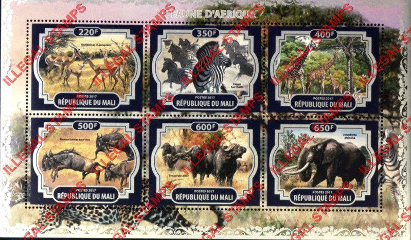 Mali 2017 African Fauna Illegal Stamp Souvenir Sheet of 6 Mali 2017 African Fauna Illegal Stamp Souvenir Sheet of 6