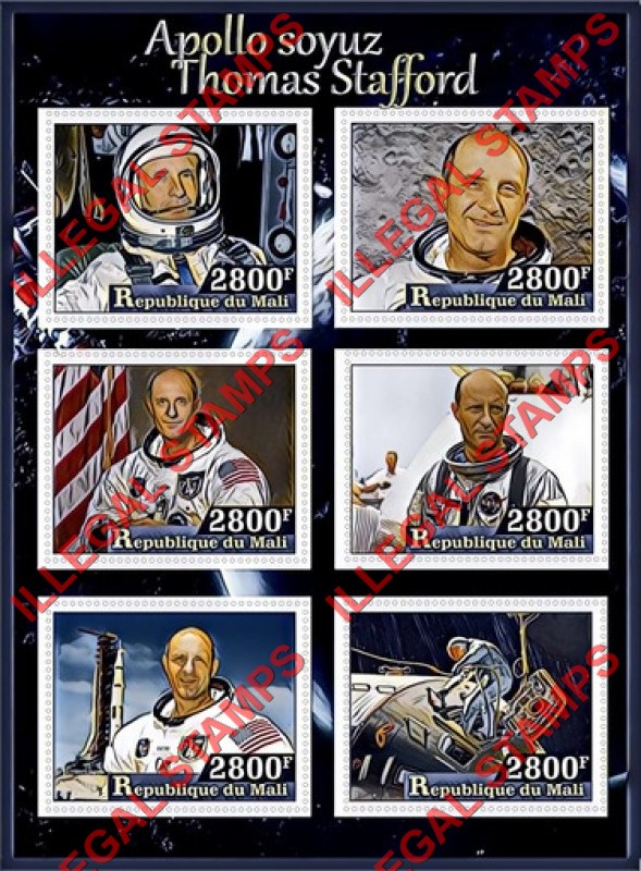 Mali 2017 Apollo Soyuz Thomas Stafford Illegal Stamp Souvenir Sheet of 6 Mali 2017 Apollo Soyuz Thomas Stafford Illegal Stamp Souvenir Sheet of 6