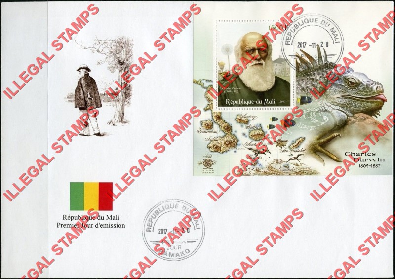 Mali 2017 Charles Darwin Illegal Stamp Souvenir Sheet of 1 on Fake First Day Cover Mali 2017 Charles Darwin Illegal Stamp Souvenir Sheet of 1 on Fake First Day Cover