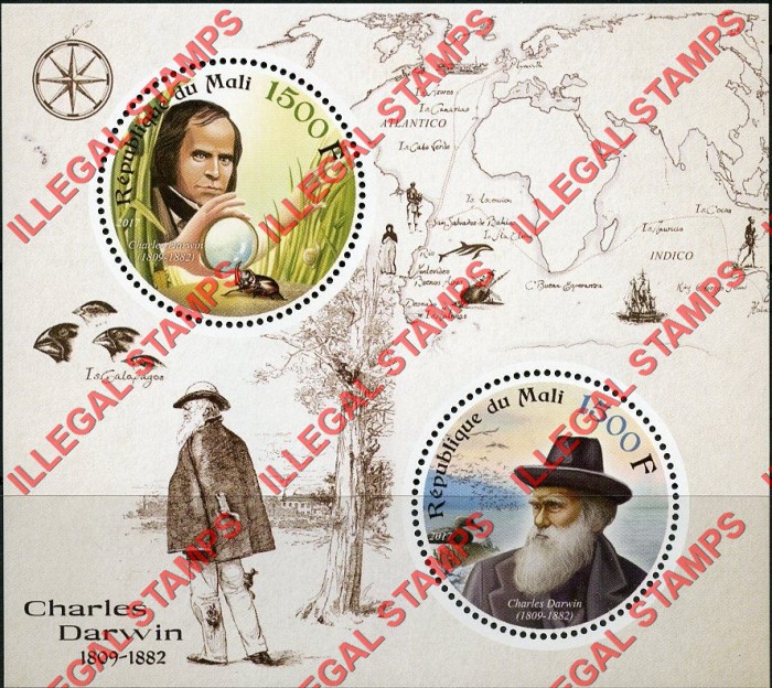 Mali 2017 Charles Darwin Illegal Stamp Souvenir Sheet of 2 Mali 2017 Charles Darwin Illegal Stamp Souvenir Sheet of 2