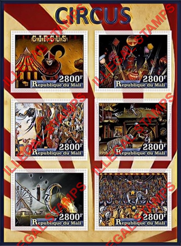 Mali 2017 Circus Illegal Stamp Souvenir Sheet of 6 Mali 2017 Circus Illegal Stamp Souvenir Sheet of 6