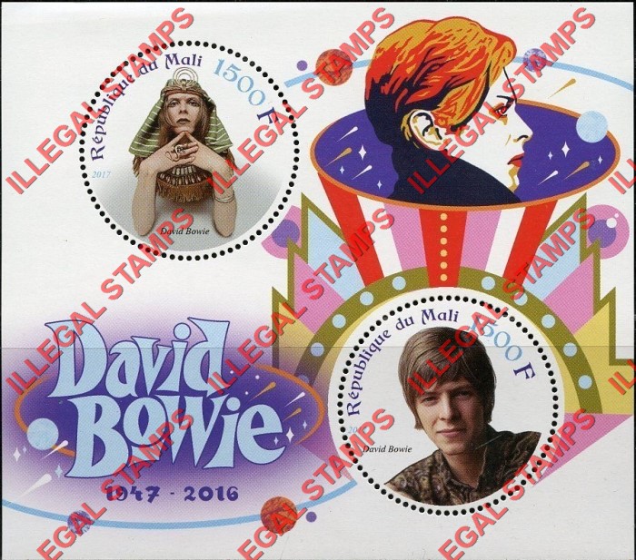 Mali 2017 David Bowie Illegal Stamp Souvenir Sheet of 2 Mali 2017 David Bowie Illegal Stamp Souvenir Sheet of 2