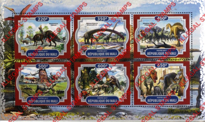 Mali 2017 Dinosaurs Illegal Stamp Souvenir Sheet of 6 Mali 2017 Dinosaurs Illegal Stamp Souvenir Sheet of 6