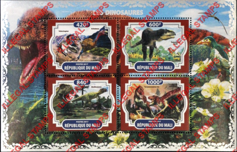Mali 2017 Dinosaurs Illegal Stamp Souvenir Sheet of 4 Mali 2017 Dinosaurs Illegal Stamp Souvenir Sheet of 4