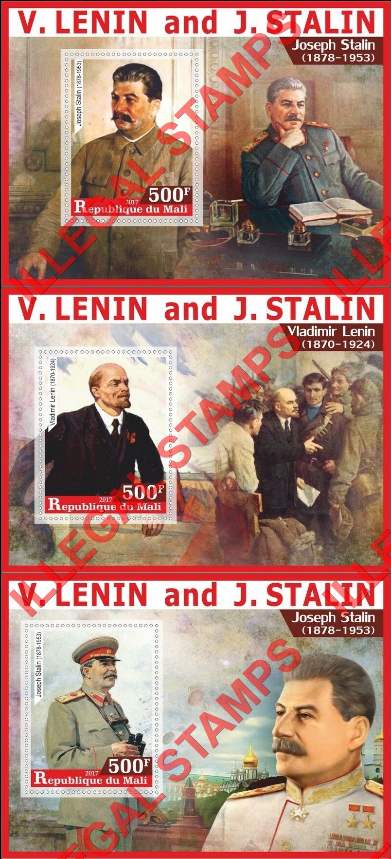 Mali 2017 Lenin and Stalin Illegal Stamp Souvenir Sheets of 1 (Part 1) Mali 2017 Lenin and Stalin Illegal Stamp Souvenir Sheets of 1 (Part 1)