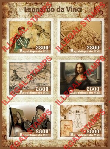 Mali 2017 Leonardo da Vinci Illegal Stamp Souvenir Sheet of 6 Mali 2017 Leonardo da Vinci Illegal Stamp Souvenir Sheet of 6