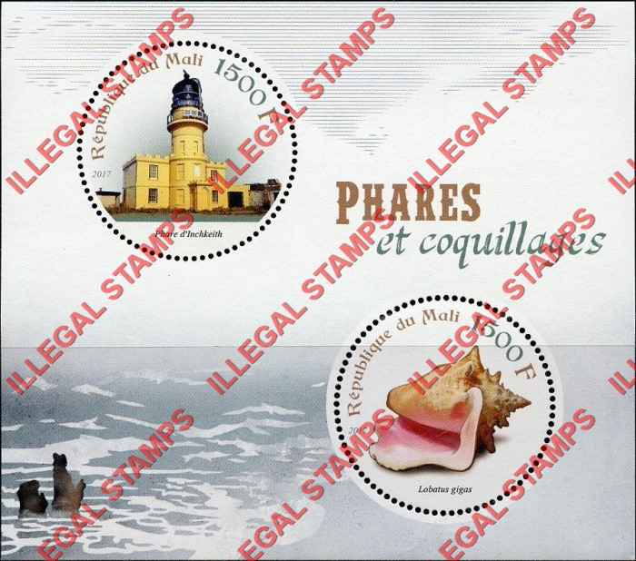 Mali 2017 Lighthouses and Shells Illegal Stamp Souvenir Sheet of 2 Mali 2017 Lighthouses and Shells Illegal Stamp Souvenir Sheet of 2