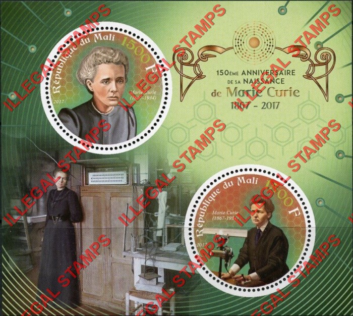 Mali 2017 Marie Curie Illegal Stamp Souvenir Sheet of 2 Mali 2017 Marie Curie Illegal Stamp Souvenir Sheet of 2